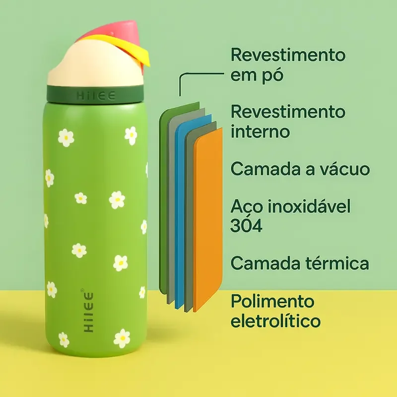Camadas da garrafa: revestimento, vácuo e aço inox 304