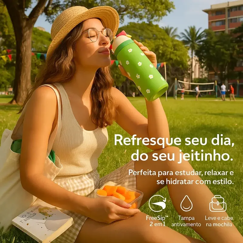 Mulher bebendo da garrafa Free Sip no parque