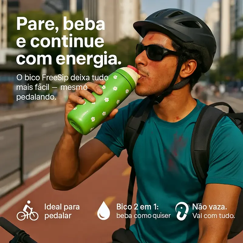 Ciclista bebendo da garrafa Free Sip