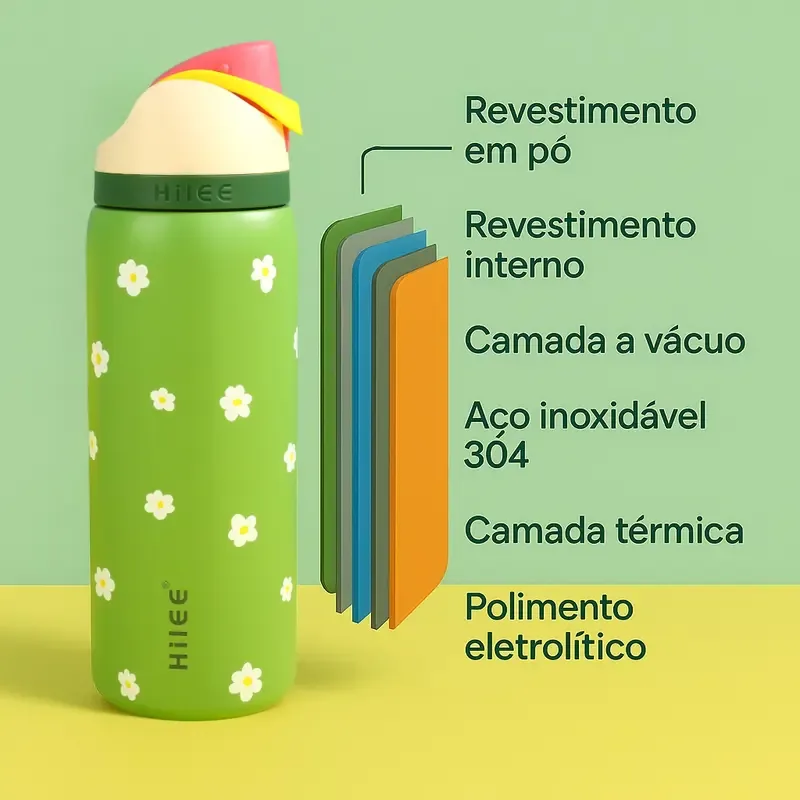 Camadas da garrafa: aço inox 304 e isolamento a vácuo