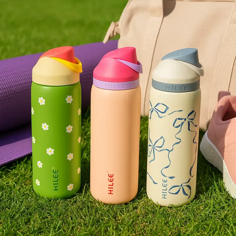 Garrafas Free Sip na grama, ao lado do tapete de yoga